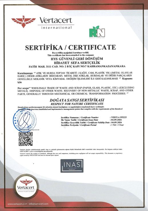Doğaya Saygı Sertifikası belgesi