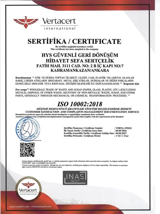 ISO 10002:2018 Müşteri Memnuniyeti belgesi