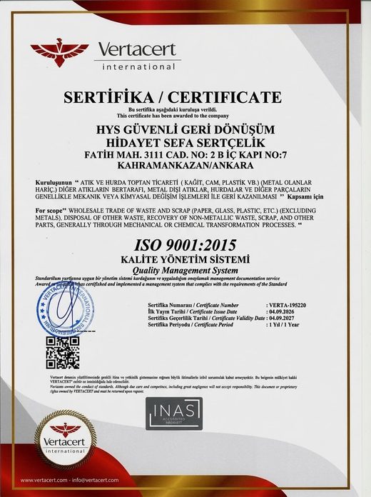 ISO 9001:2015 Kalite Yönetim Sistemi belgesi